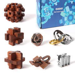 CUDNY 7-piece interlock brain teaser wooden and metal puzzle set for focused problem-solving.