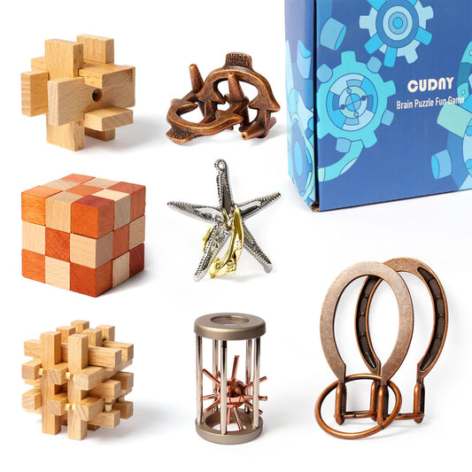 CUDNY 7-Piece Mind Puzzles interlock box for all ages to challenge logic and focus.