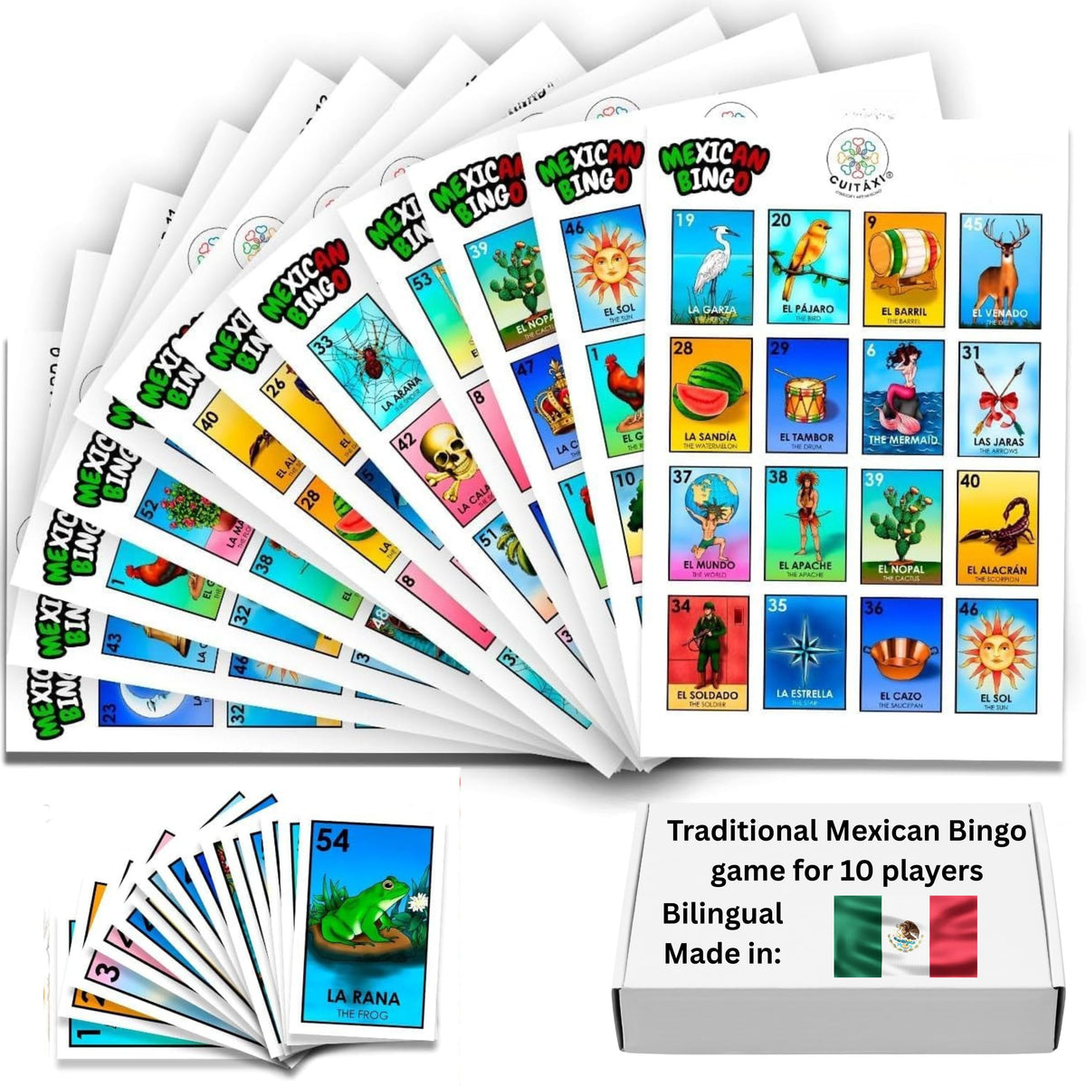Cuitáxi Mexican Bingo card set featuring colorful artwork for lively family game nights.