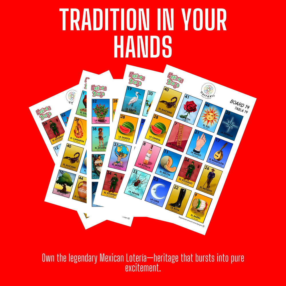 Cuitáxi Mexican Bingo vibrant artwork highlighting Mexican imagery for immersive play.