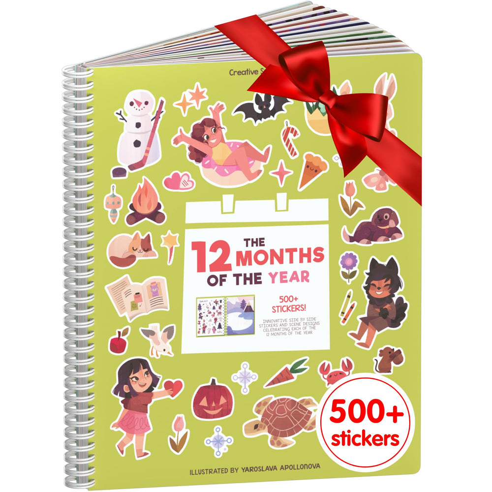 Cupkin 12-months sticker coloring book cover showing vibrant year-round scenes