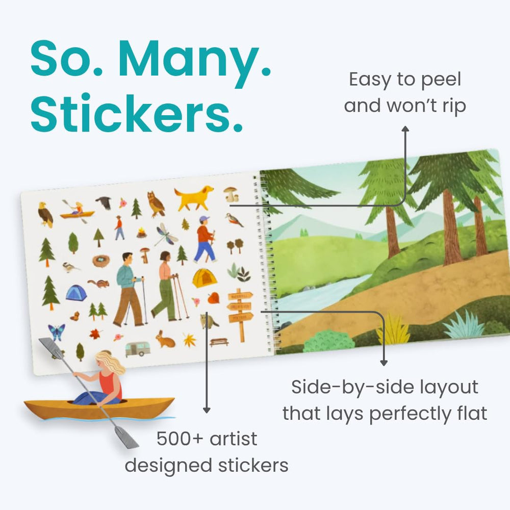 Cupkin Camping Sticker Book page with 12 scenes and 500+ stickers.