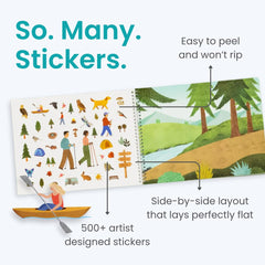 Cupkin Camping Sticker Book page with 12 scenes and 500+ stickers.