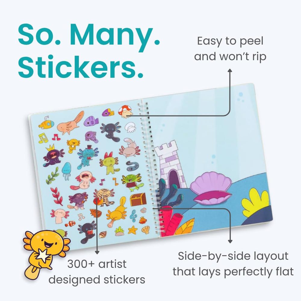 Cupkin Axolotl Sticker Book eight scenes — vibrant spreads for screen-free plane entertainment.