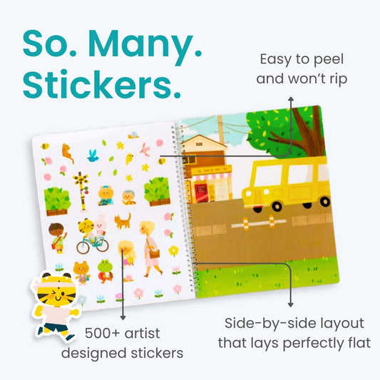 Cupkin side-by-side sticker pages foster fine motor skills through creative scene building.