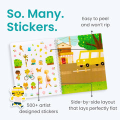 Cupkin side-by-side sticker pages foster fine motor skills through creative scene building.
