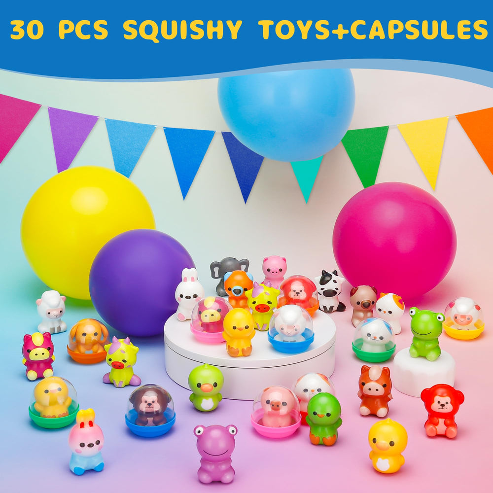 Curibble squishy animals—bunny and chick—secured in capsules for easy hygiene and play.
