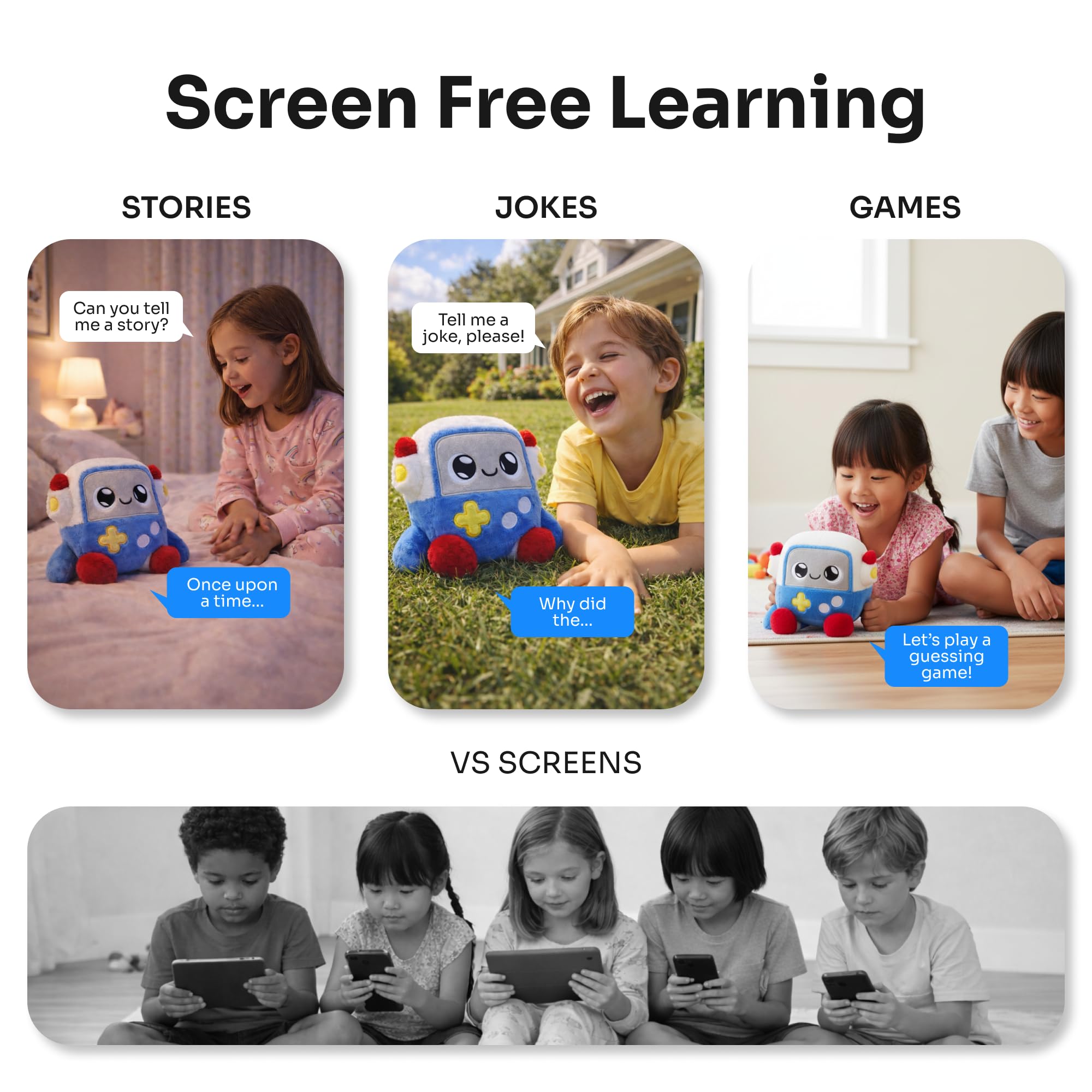 CURIO Gabbo interaction menu close-up illustrates voice-powered learning prompts.