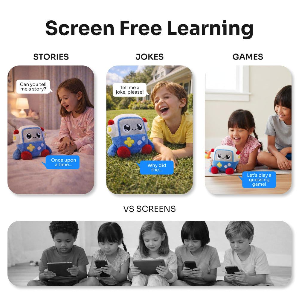 CURIO Gabbo interaction menu close-up illustrates voice-powered learning prompts.