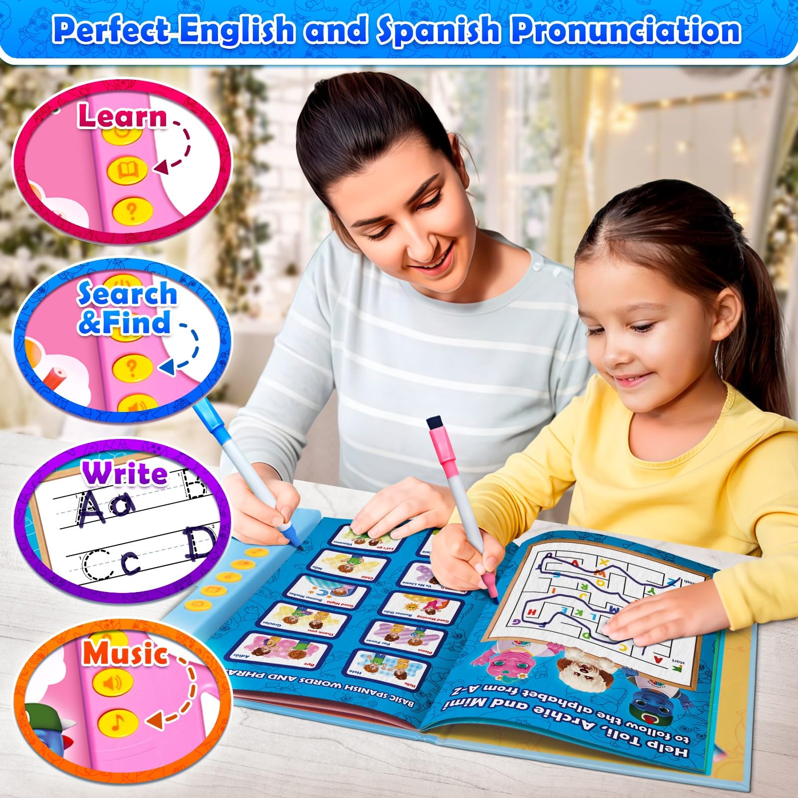 Curious 2 Learn dry erase writing area enables reusable handwriting tracing.