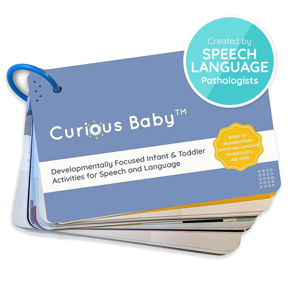 Curious Baby Speech Cards cover page showing milestone activities for early language growth.