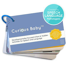 Curious Baby Speech Cards cover page showing milestone activities for early language growth.