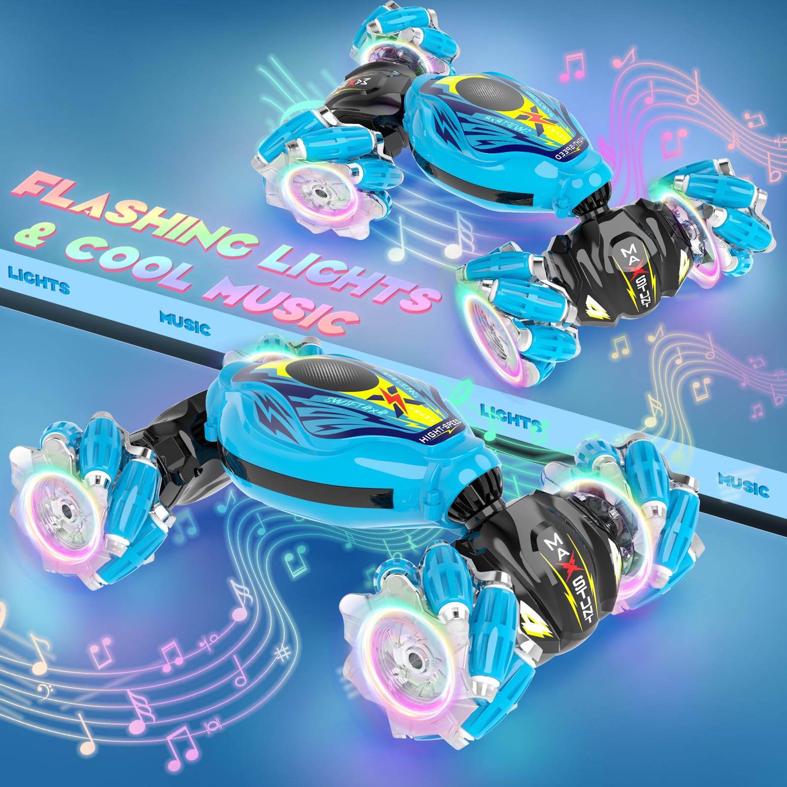 Cusocue gesture-sensing RC stunt car 360 rotation in action for thrilling spins.