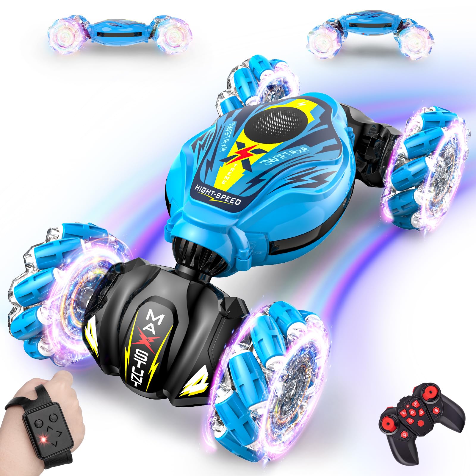Cusocue gesture-sensing RC stunt car blue front view with responsive controls for kids.