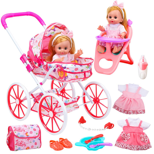 Cute Stone baby doll stroller scene promotes imaginative caregiving play