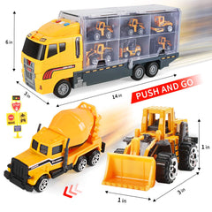 Cute Stone construction truck set launch button releasing a mini truck