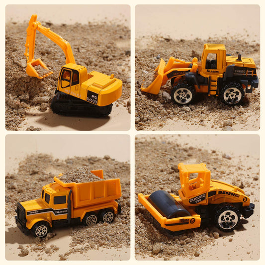 Cute Stone construction truck set shows twelve mini trucks for imaginative building play