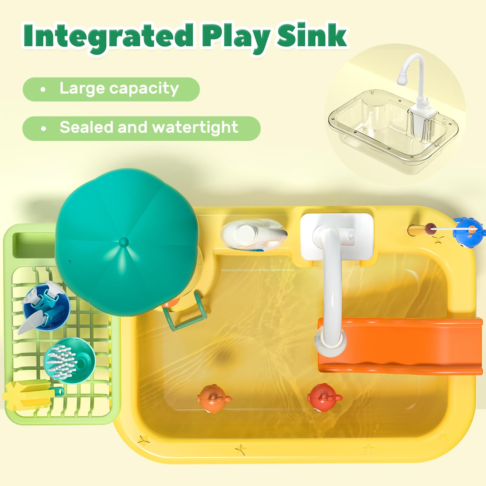 CUTE STONE detachable drain rack for organizing dishes during play.