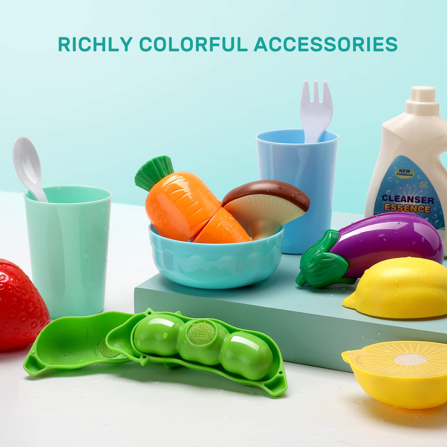 Cute Stone kitchen toy set with accessories encourages fine motor skills and organizing habits