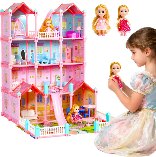 CUTE STONE Huge Dollhouse: 4-story pink exterior designed for imaginative play and storytelling.