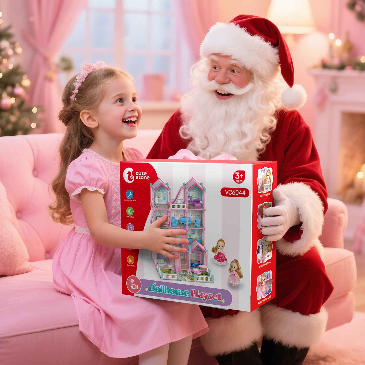 CUTE STONE Huge Dollhouse four-story pink design invites guided setup sessions and adventures.