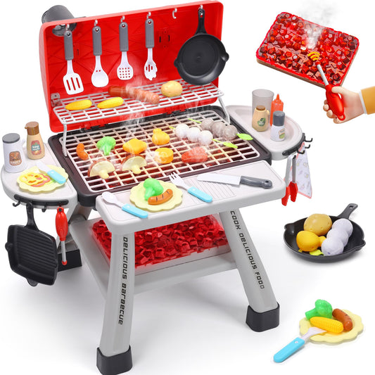 CUTE STONE Kids Grill Playset set-up for imaginative pretend BBQ fun.