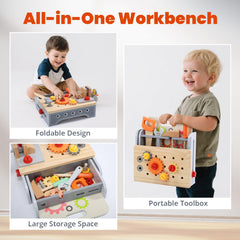 Cute Stone kids wooden tool bench open into a complete workbench for play.