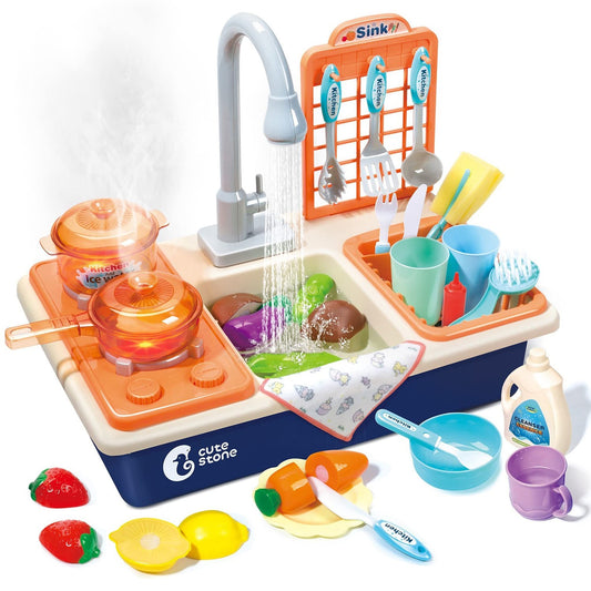 Cute Stone kitchen sink toy with stove light promotes imaginative pretend cooking play