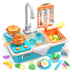 Cute Stone play kitchen sink with upgraded faucet promotes interactive water play.