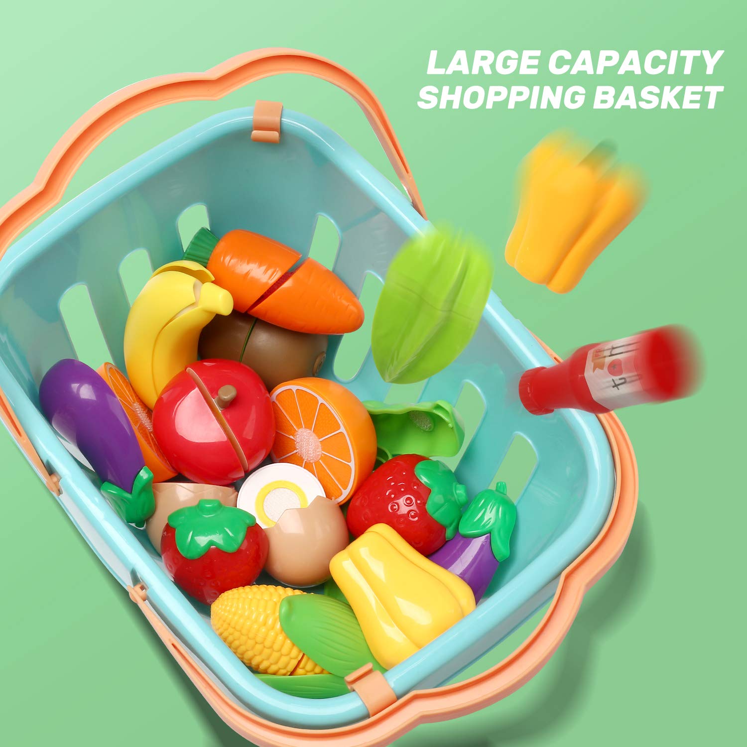 CUTE STONE shopping basket pairs with play food for easy cleanup.
