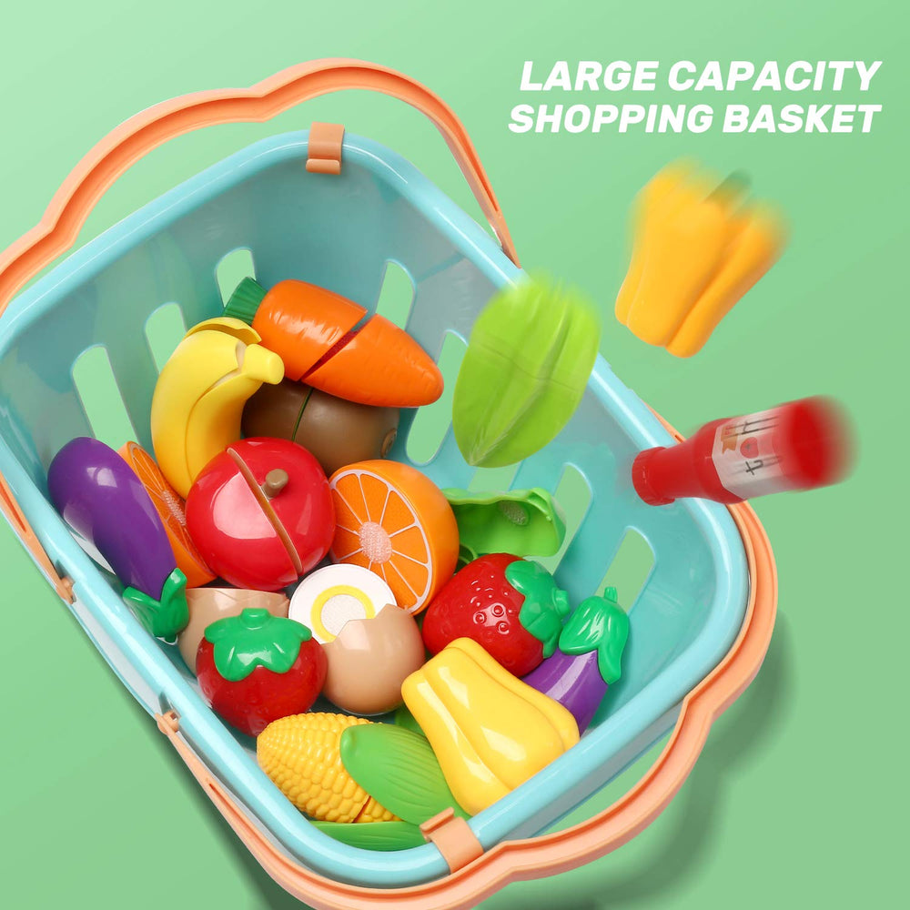CUTE STONE shopping basket pairs with play food for easy cleanup.