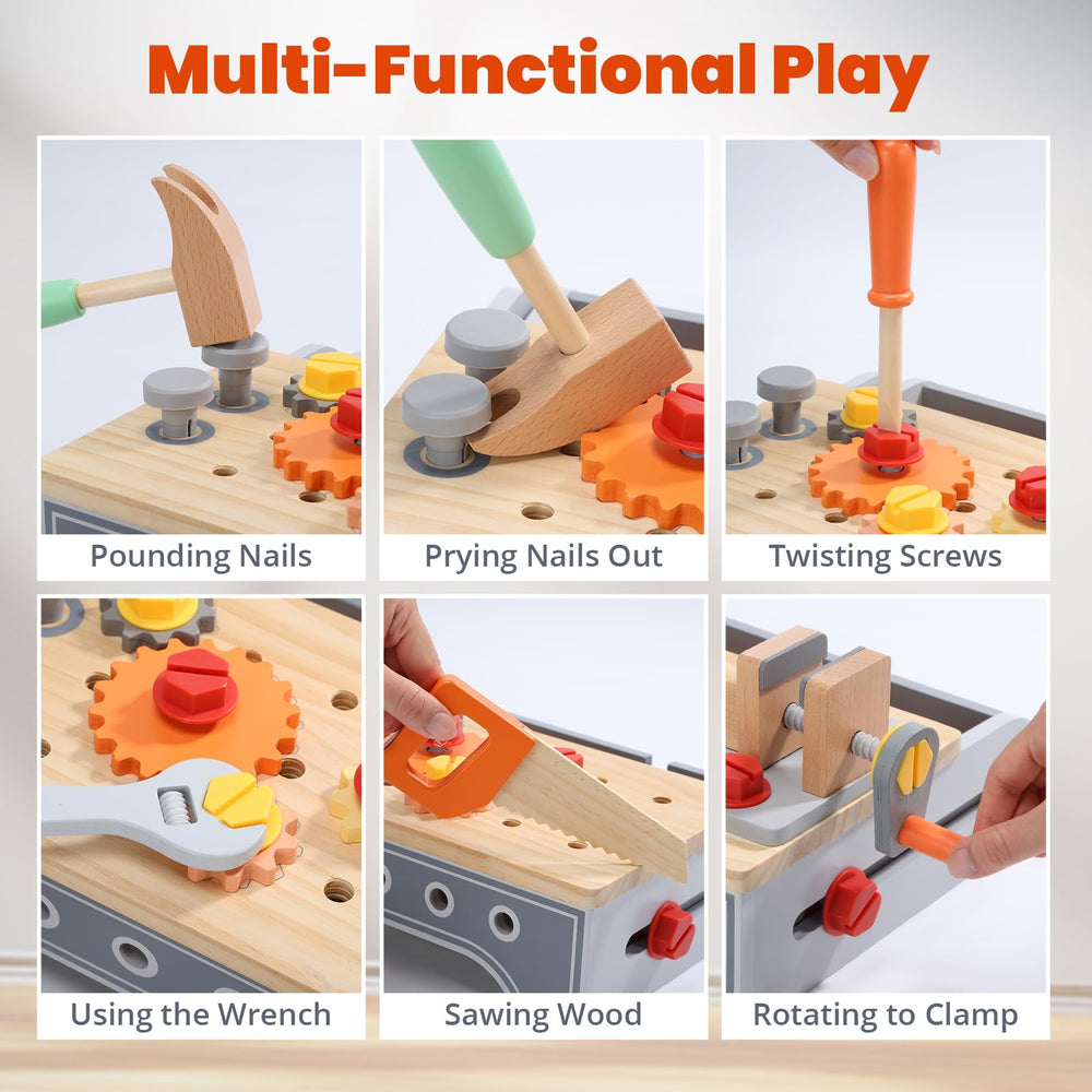 Cute Stone child-sized hammer and screwdriver kit in action for imaginative construction.