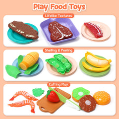 Cute Stone toy utensils and plates for organized, safe kitchen pretend play.
