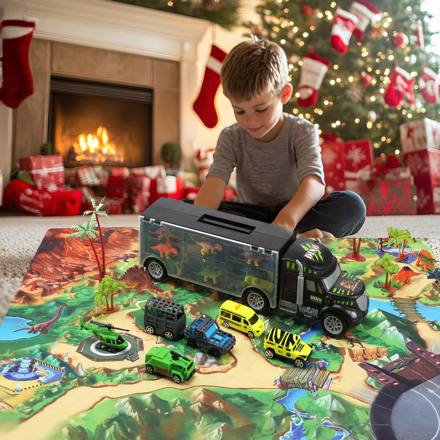 Cute Stone transport truck and dinos fit neatly for tidy storage