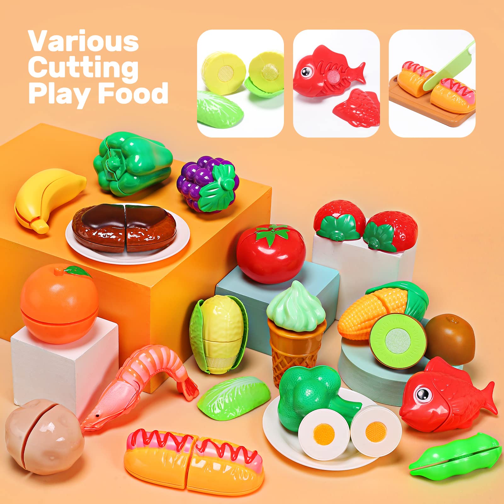CUTE STONE faux vegetables and fruits with peeling action for realism.