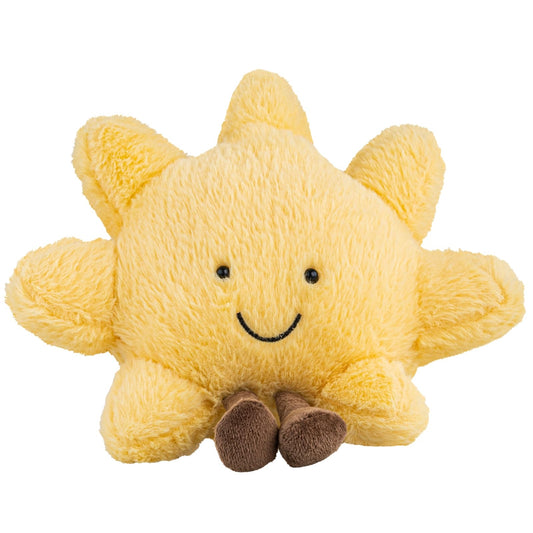 Cute Sun Plush Toy 12in yellow sunshine close-up, a cozy decor accent and cuddle buddy.