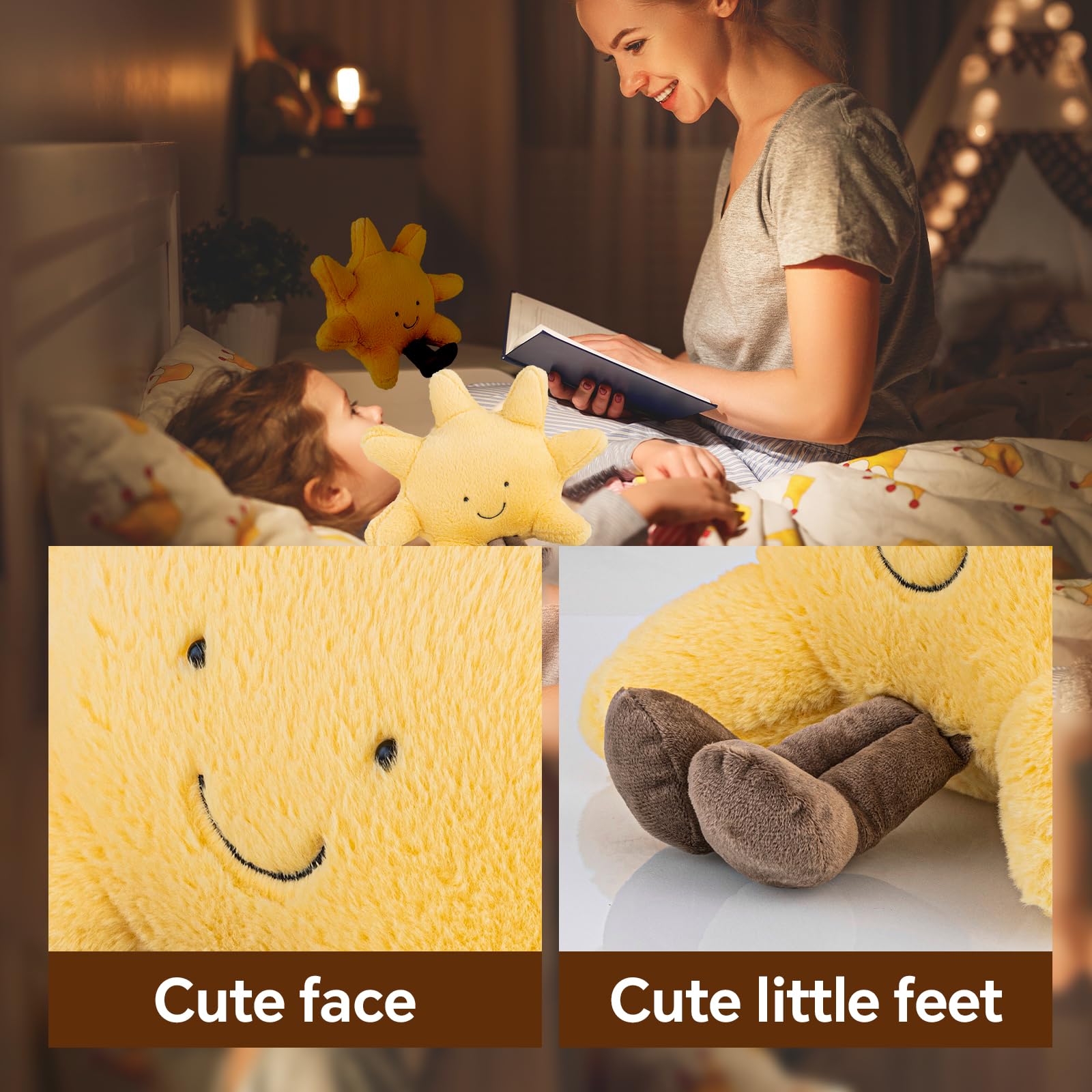 Cute Sun Plush Toy soft-plush-material close-up highlights a soothing touch for bedtime comfort.