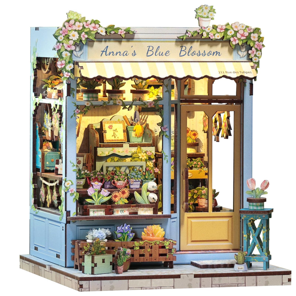 CUTEBEE Anna's Blue Blossom book nook on a shelf with floral detailing for cozy decor.