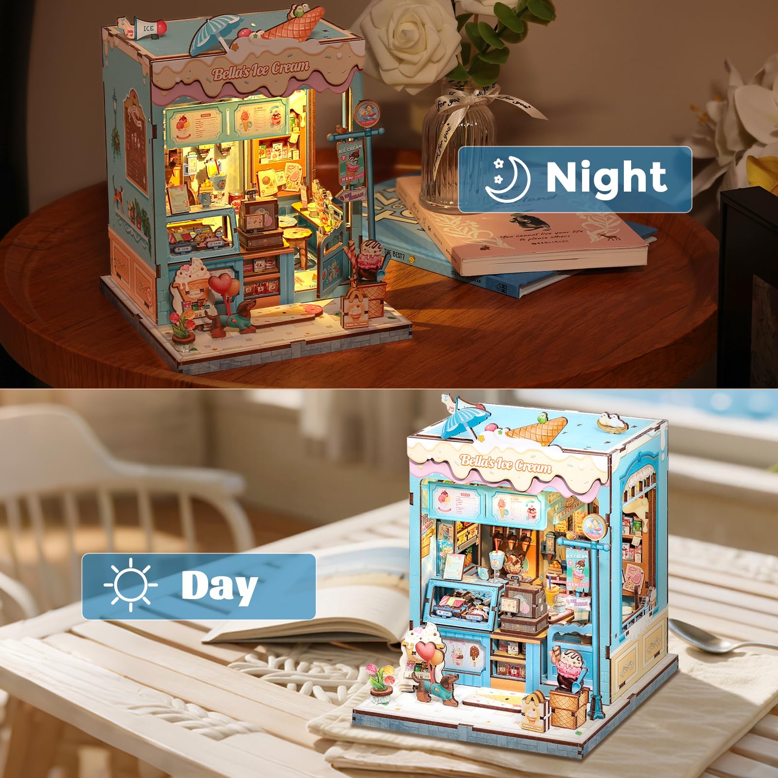 CUTEBEE Bella's Ice Cream Book Nook desk display ready to showcase on a shelf.
