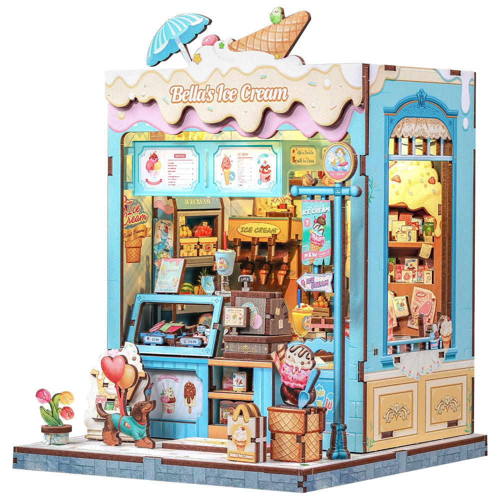 CUTEBEE Bella's Ice Cream Book Nook kit contents laid out for easy assembly.