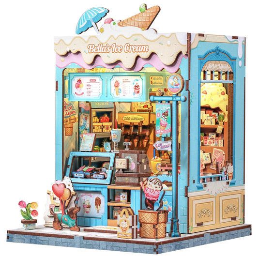 CUTEBEE Bella's Ice Cream Book Nook kit contents laid out for easy assembly.