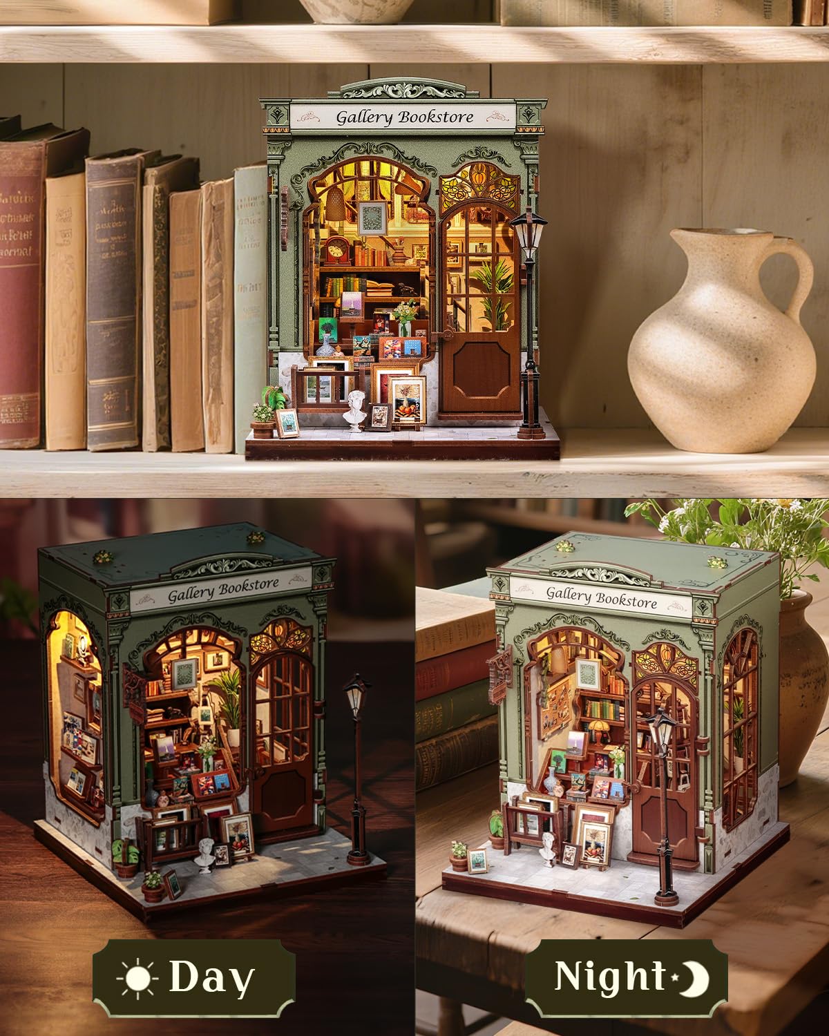 CUTEBEE Book Nook Kit features artistic glass windows for cozy shelf display.