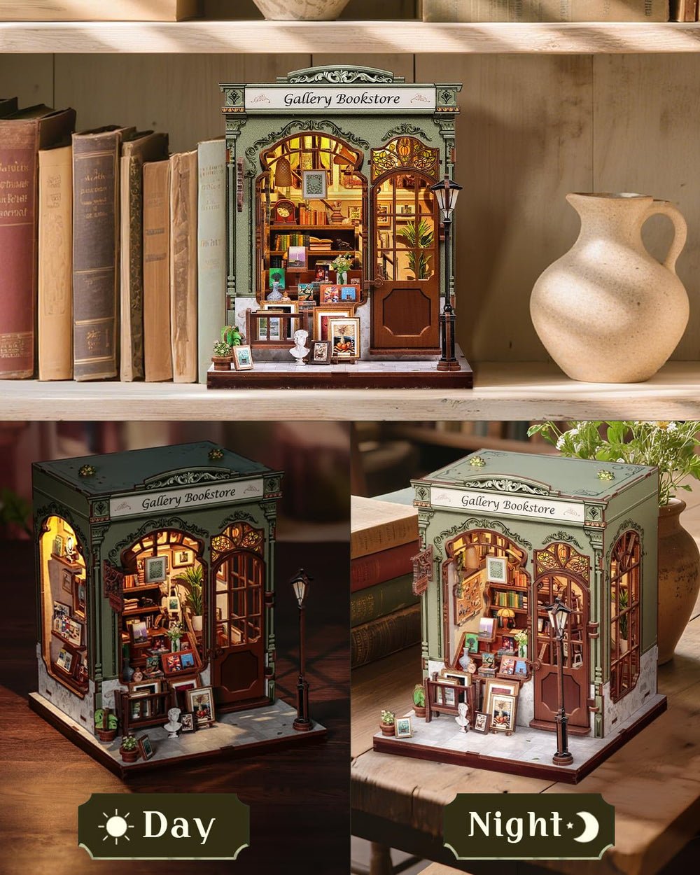 CUTEBEE Book Nook Kit features artistic glass windows for cozy shelf display.