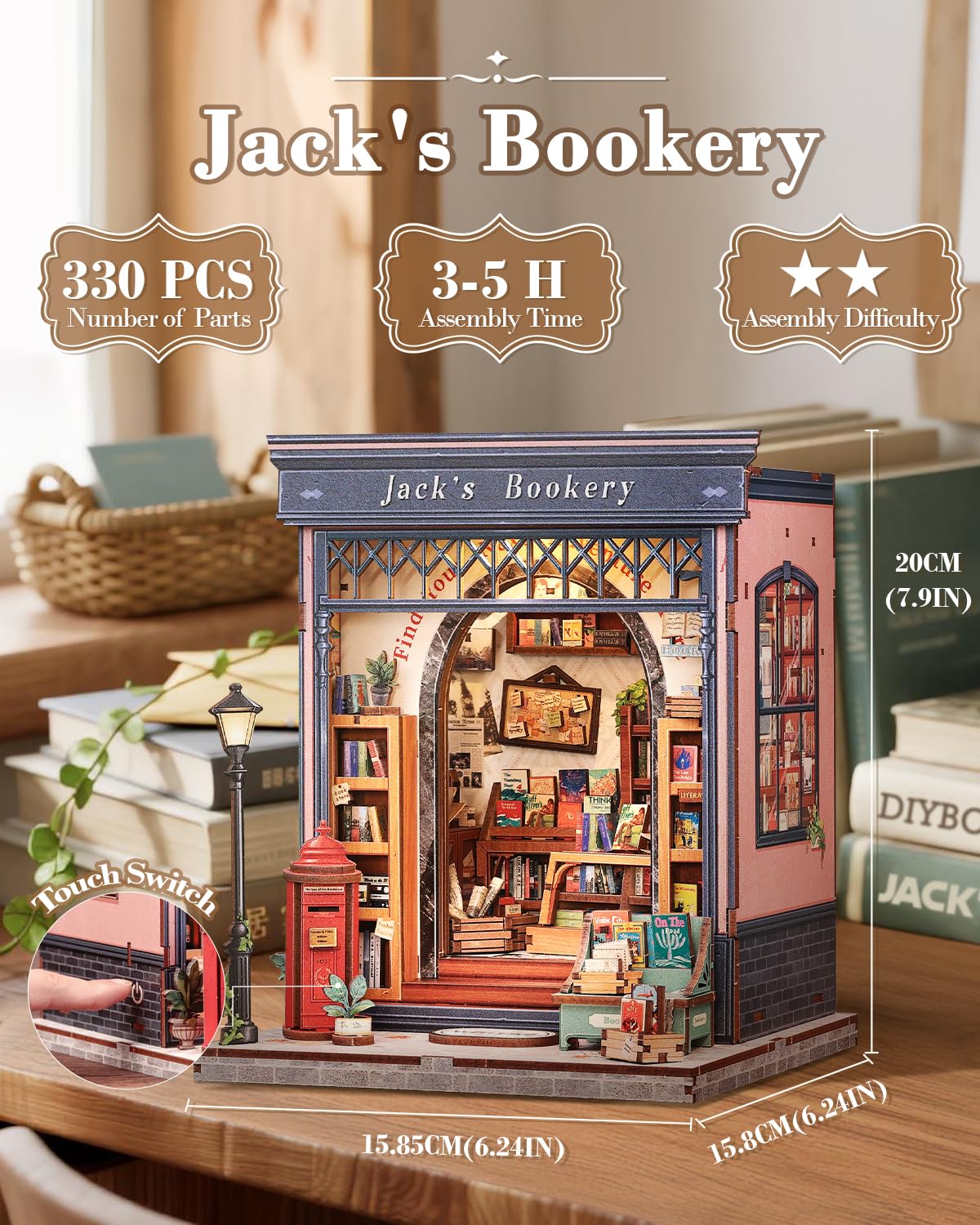 CUTEBEE Book Nook Kit assembled dollhouse sits on a shelf adding warm literary ambiance