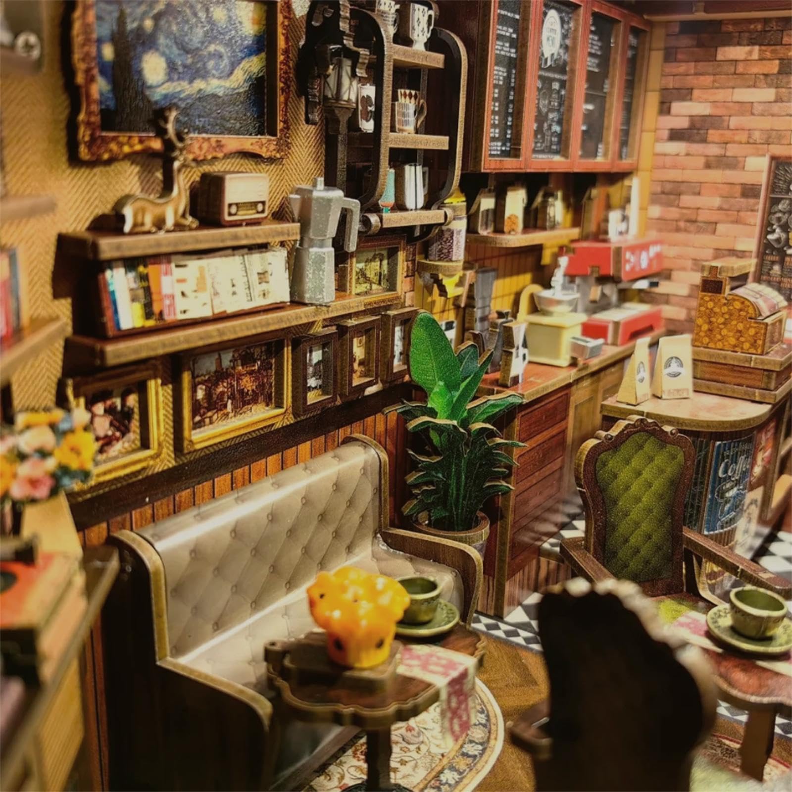 CUTEBEE Book Nook Kit coffee cups and snacks for ambiance.