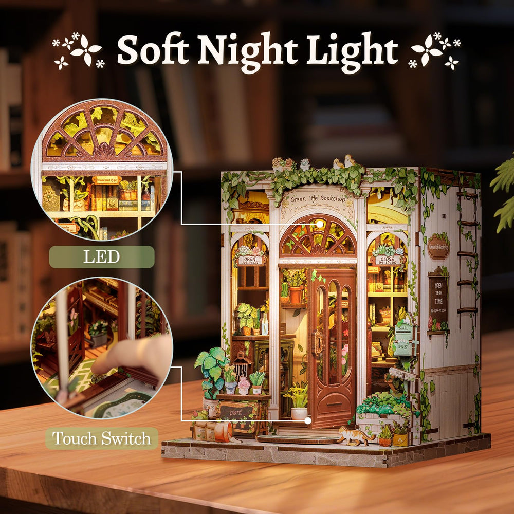CUTEBEE Book Nook Kit cozy glow on a bookshelf to create ambience.
