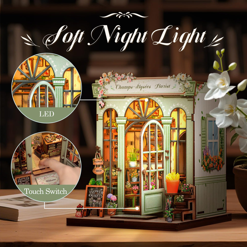 CUTEBEE Book Nook Kit dollhouse front showcases craft details and charm.