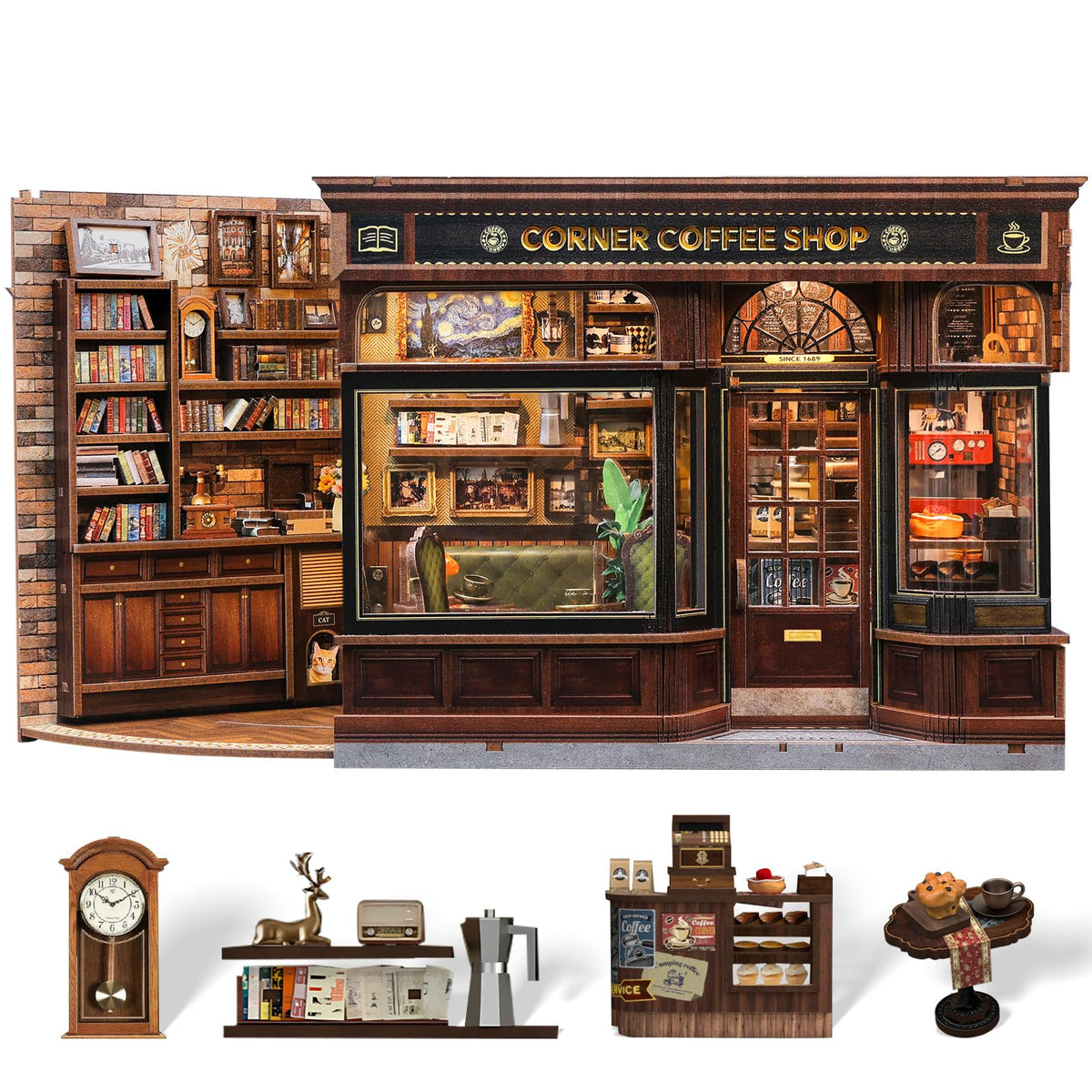 CUTEBEE Book Nook Kit front view, ideal shelf decor and cozy coffee shop vibe.