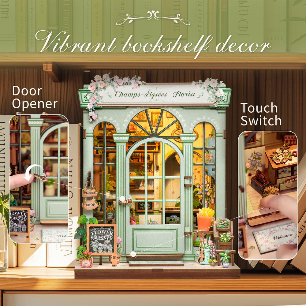 CUTEBEE Book Nook Kit interior detail highlights tasteful, intricate scenes for shelf decoration.