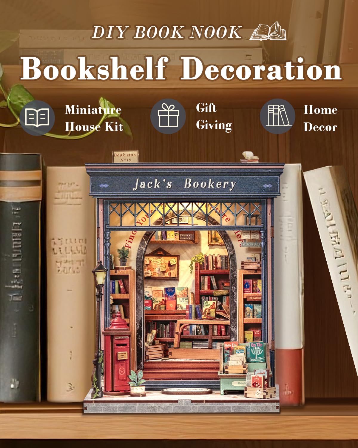 CUTEBEE Book Nook Kit interior details show miniature shelves and book collections